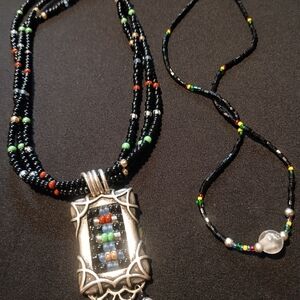 Vintage Chico's Multi-Strand Black Beaded Pendant Necklace + Unbranded Necklace.